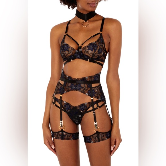 Bordelle Other - Bordelle Vita Bra Medium Thong SS Set Black Navy Gold Hardware